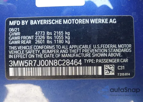 2022 BMW 330I xDrive z USA, uszkodzony, nr VIN 3MW5R7J00N8C28464